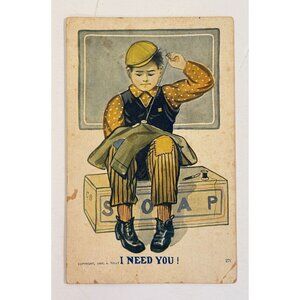 Vintage 1907 I Need You Post Card WWl Boy Sewing Military Uniform READ